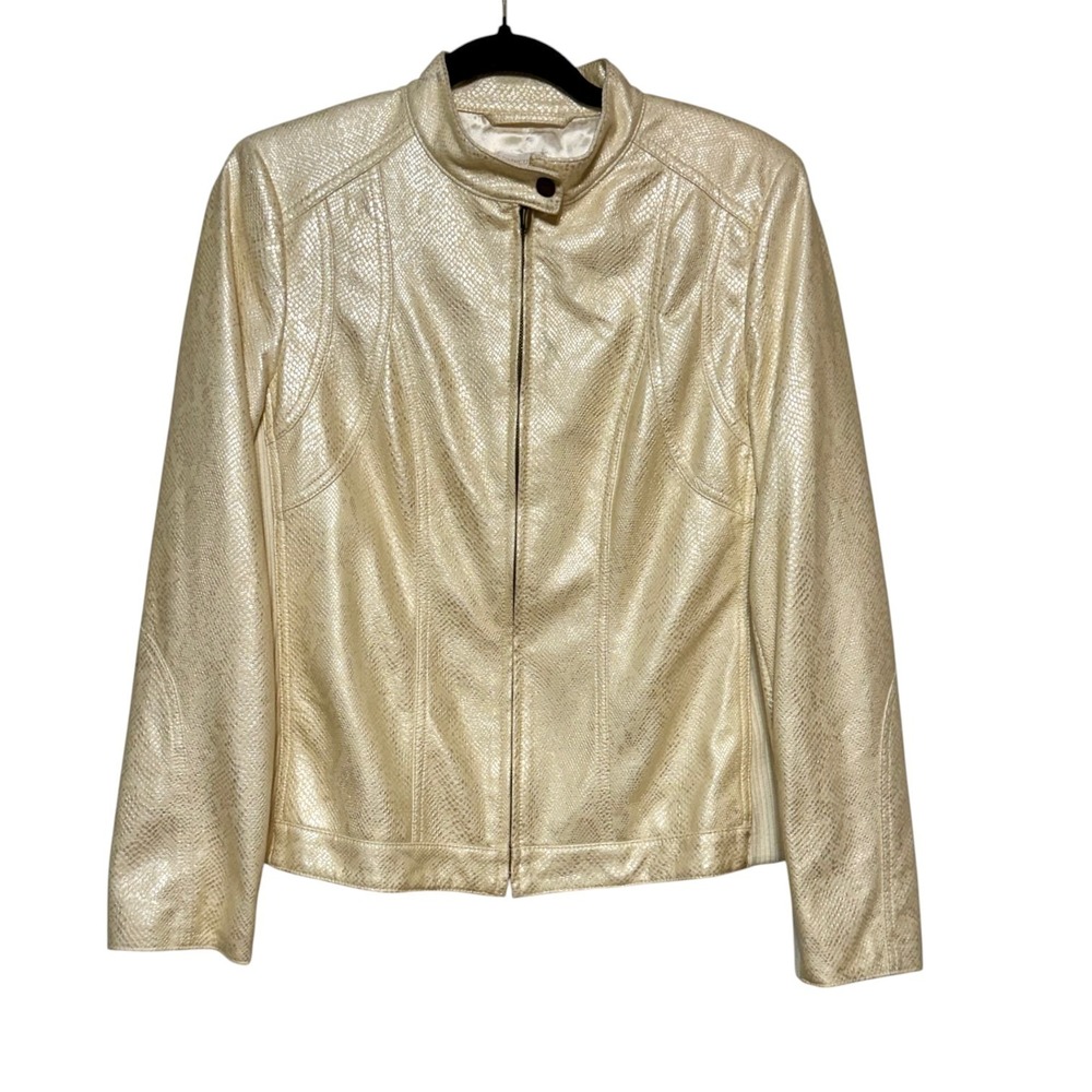 Chicos Metallic Y2K Cyber Glam Moto Jacket Womens Size M(1) Gold Minimalist